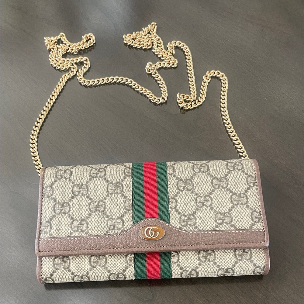 Gucci Beige and Brown Crossbody Bag with Gold Chain